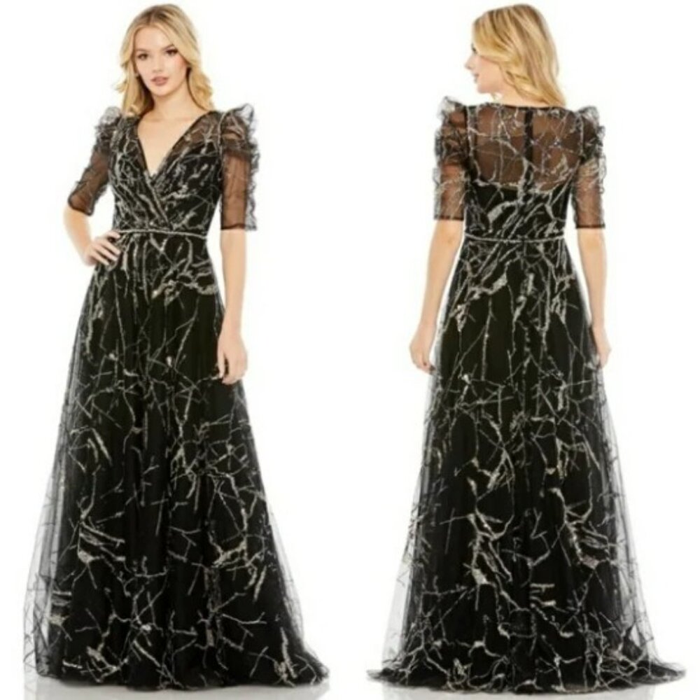 Mac Duggal NWT Black Gold Sequin Puff Sleeve Maxi Gown Dress Size 8 #204…